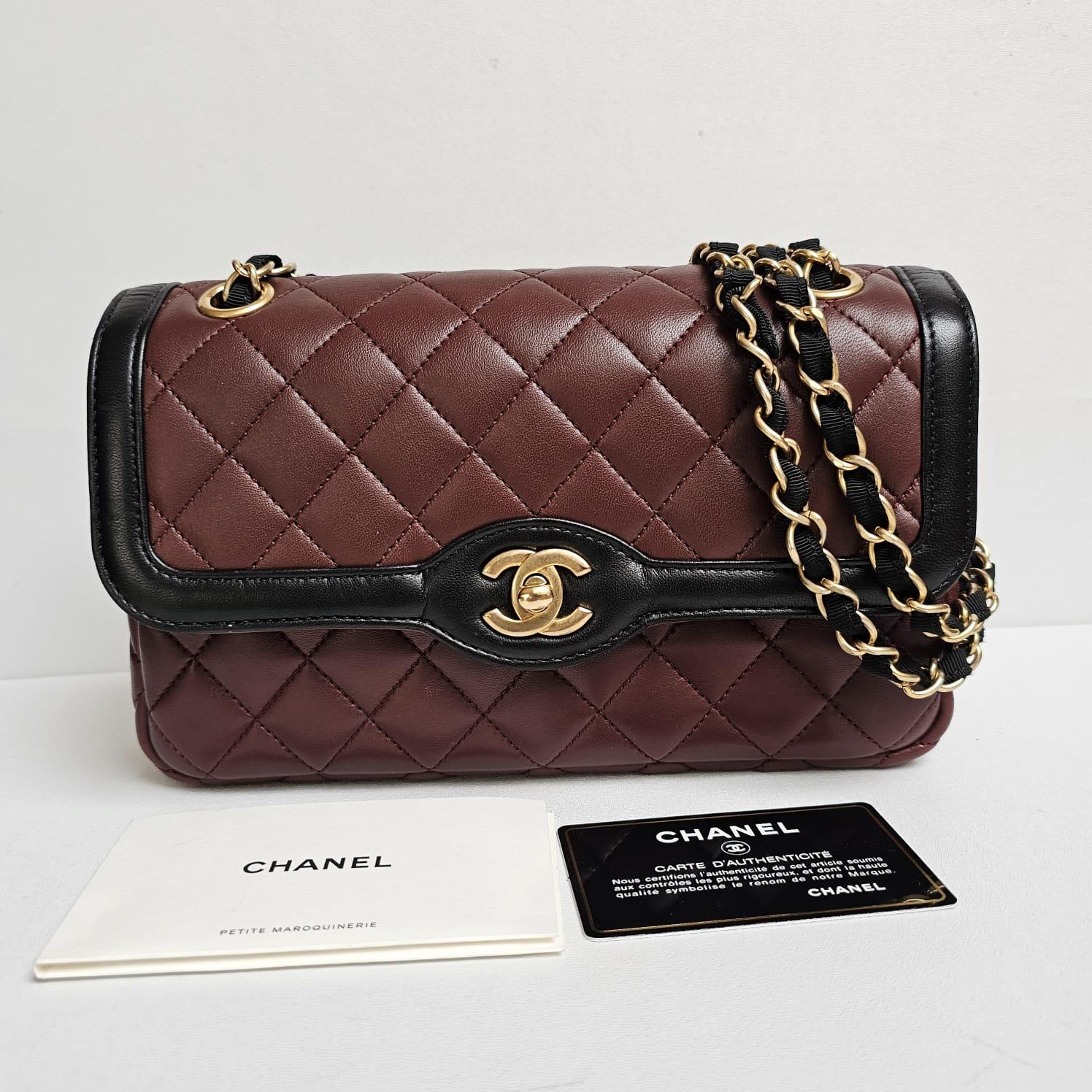 Chanel Small Two Tone Burgundy Black Lambskin Quilted Flap Bag For Sale 1