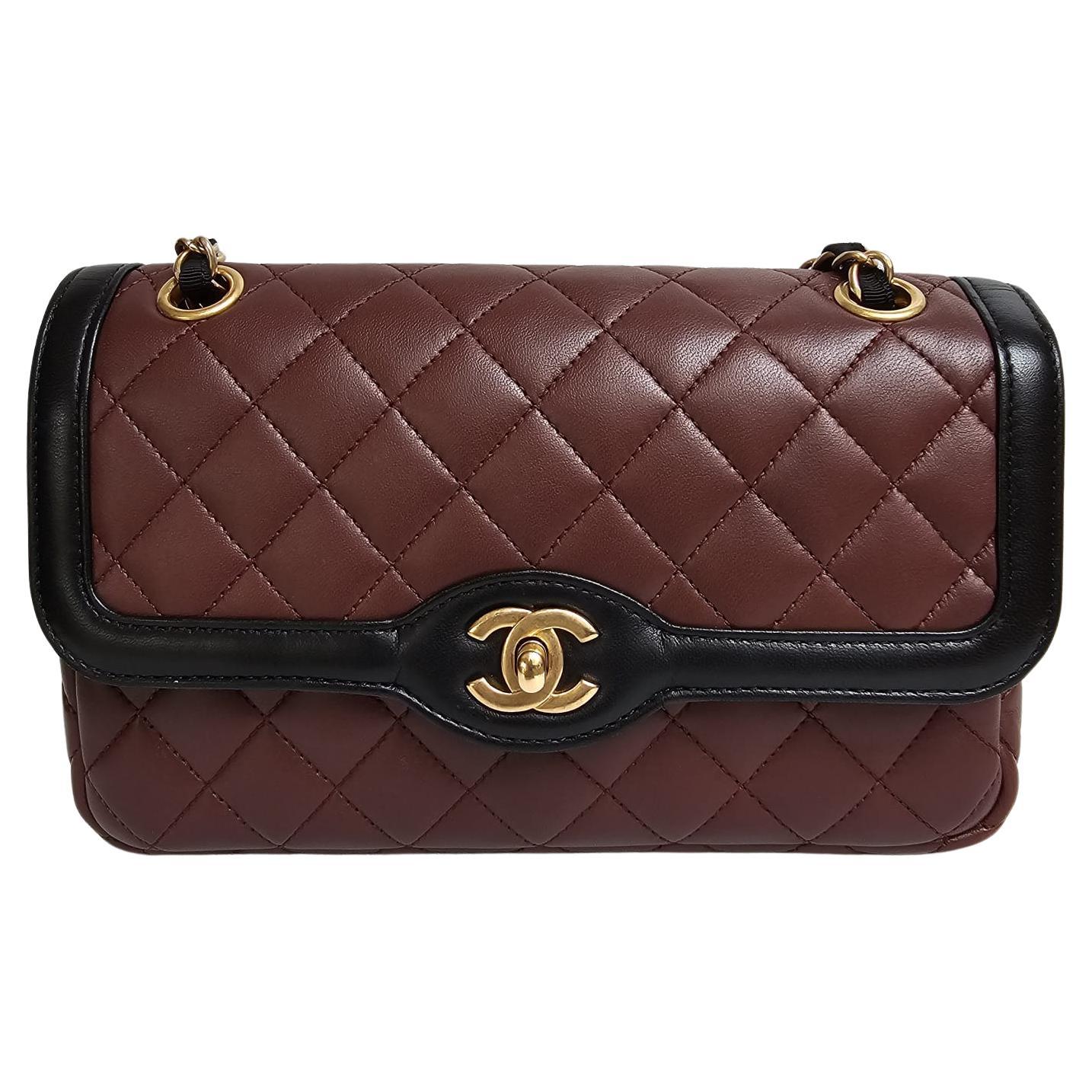 Chanel Small Two Tone Burgundy Black Lambskin Quilted Flap Bag For Sale