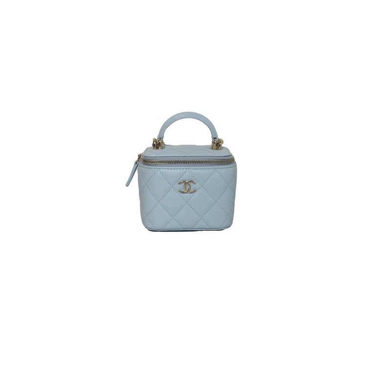 Chanel Small Vanity Bag with Handle Chain Light Blue For Sale at 1stDibs