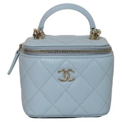 Chanel Light Blue Quilted Caviar Chanel Top Handle Vanity Case
