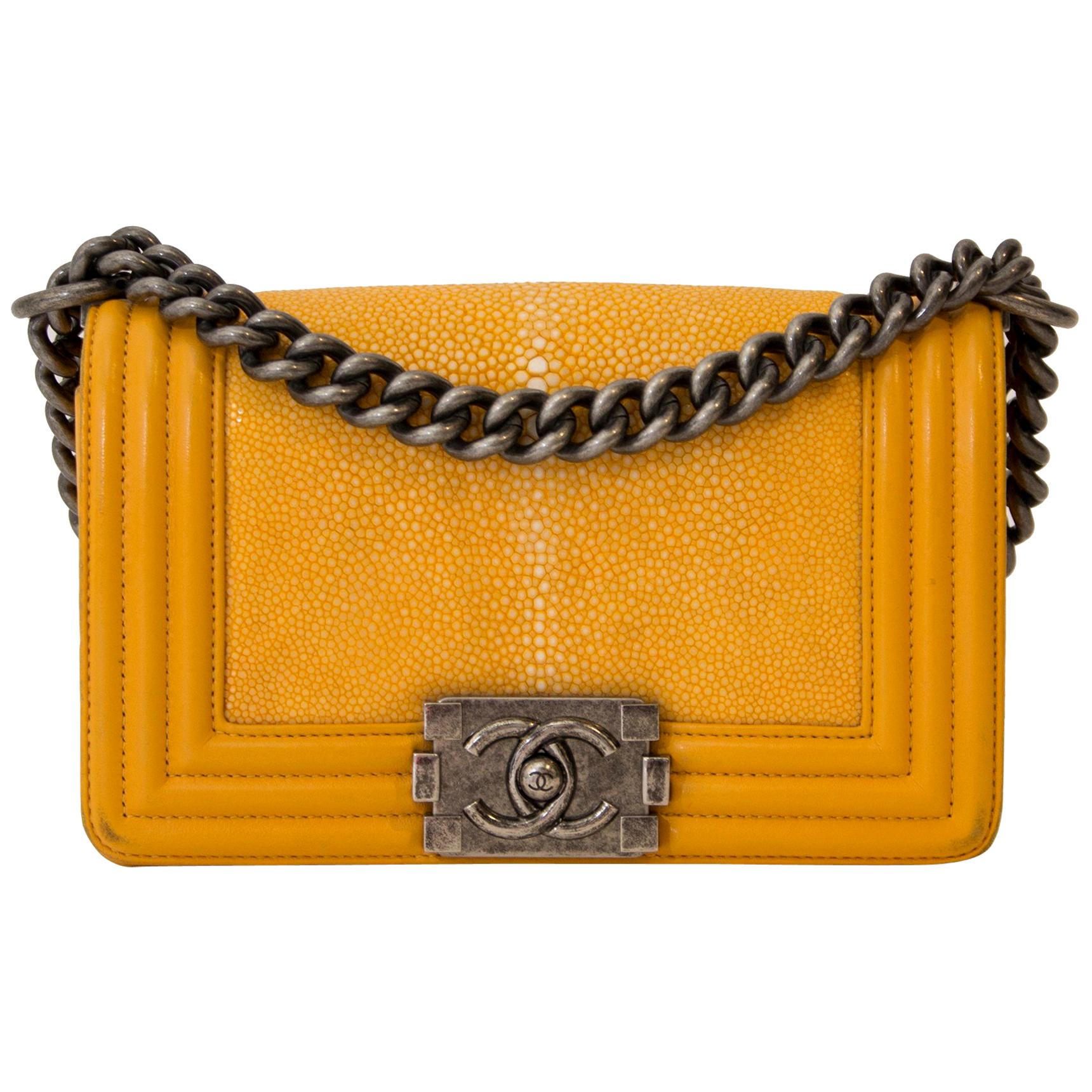 Chanel Small Yellow Galuchat Stingray Lambskin Boy Bag