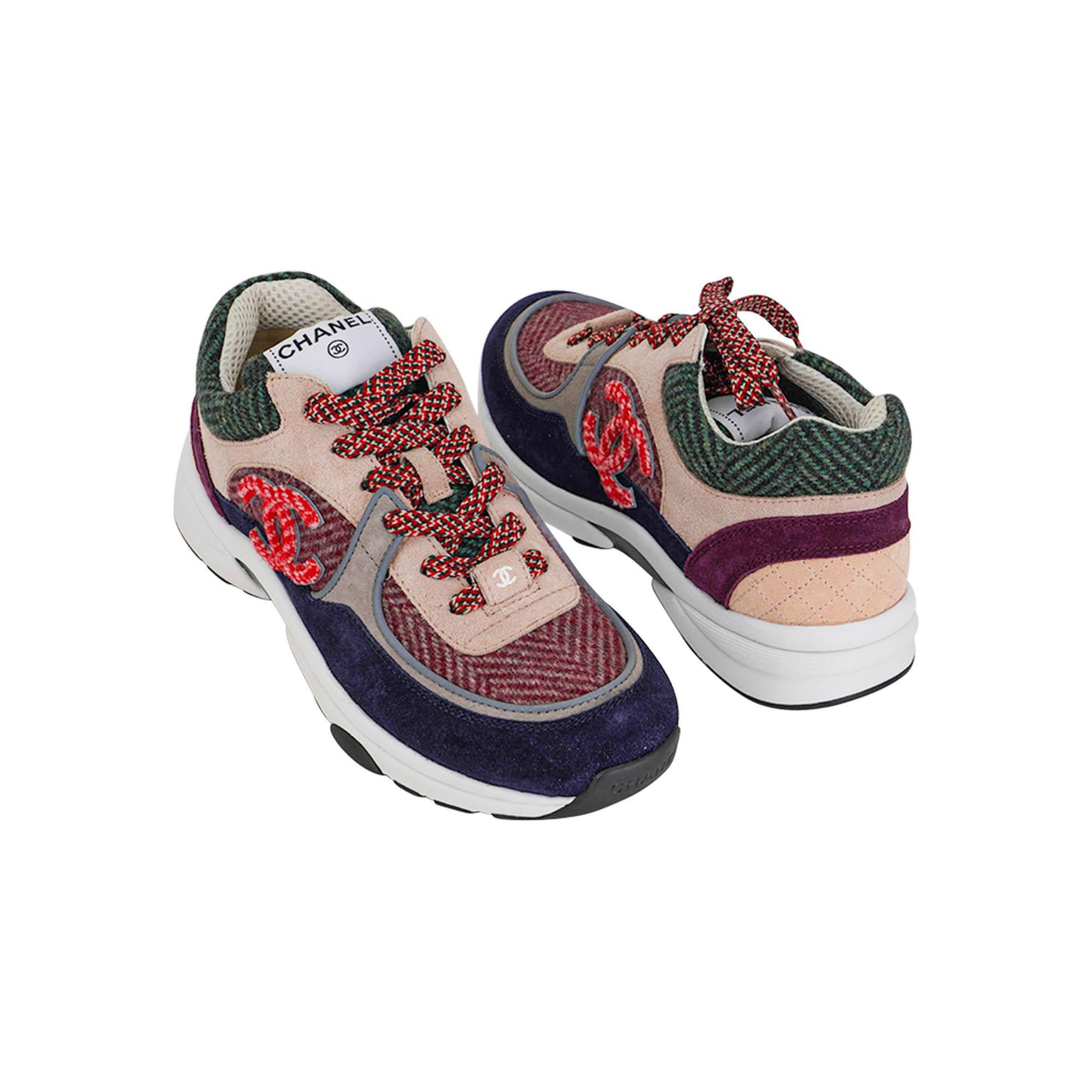 Donna Chanel Sneaker Navy Bordeaux Green Pink Low Top 37.5 in vendita
