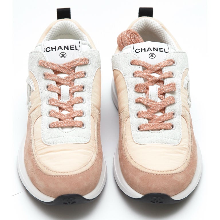 CHANEL Sneaker Trainer Fabric Suede Grey Beige Lace-Up Low Top Sz 38 22P  NEW at 1stDibs