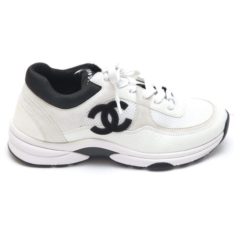 CHANEL Sneaker White Leather Suede Black CC Mesh Fabric Lace-Up Sz