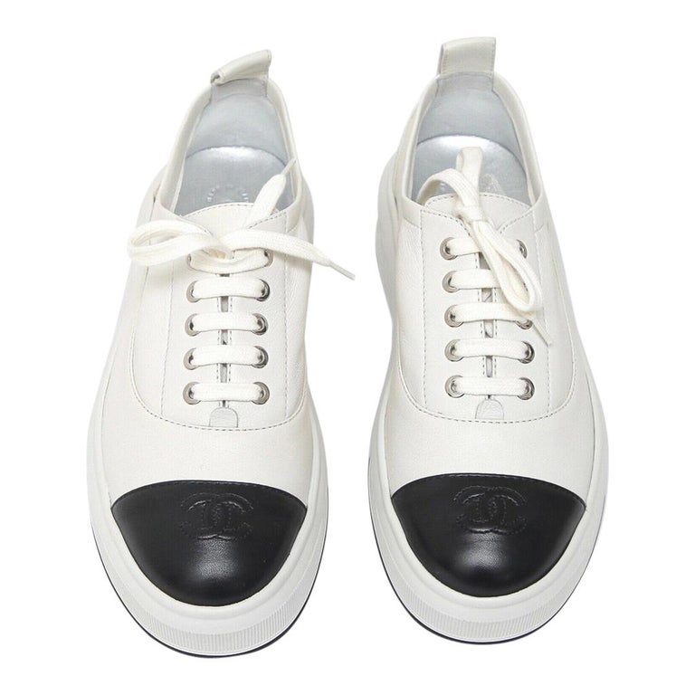 Chanel Sneakers White Leather w/ Black Leather CC To Cap 38 / 8 New w/Box  Rare at 1stDibs