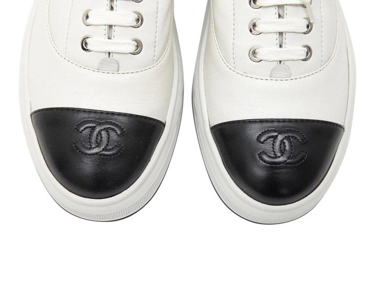 Chanel Sneakers White Leather w/ Black Leather CC To Cap 38 / 8 New w/Box  Rare