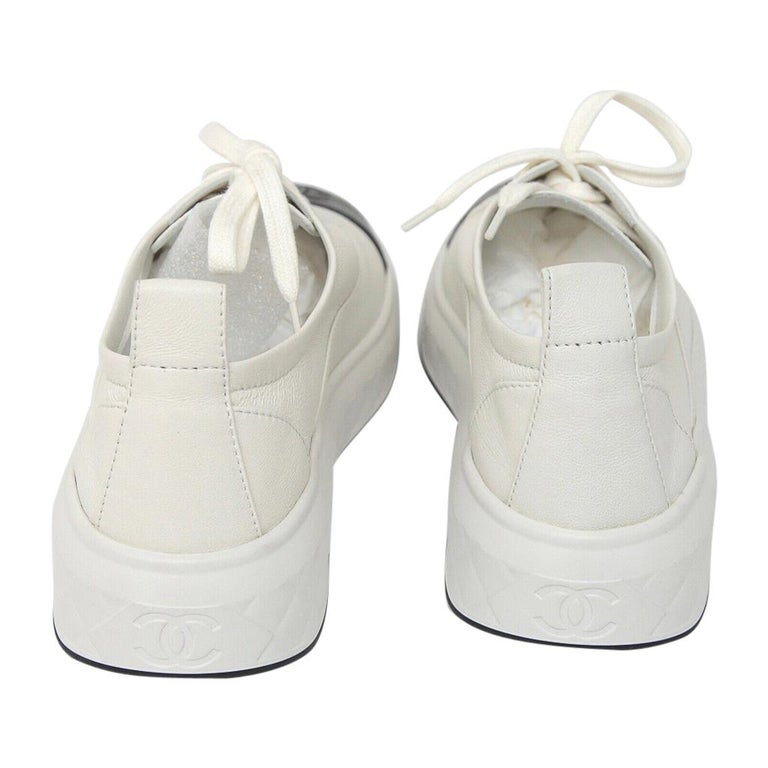 Chanel Sneakers White Leather w/ Black Leather CC To Cap 38 / 8 New w/Box  Rare at 1stDibs