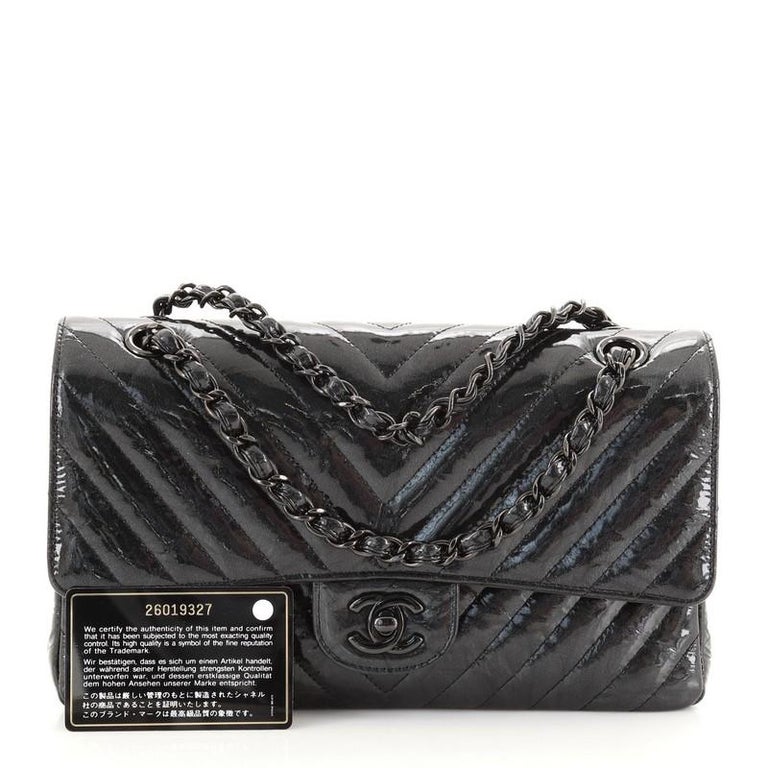 Chanel So Black Classic Double Flap Bag Chevron Crumpled Metallic