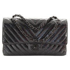 Chanel So Black Classic Double Flap Bag Chevron Crumpled Metallic Patent Medium