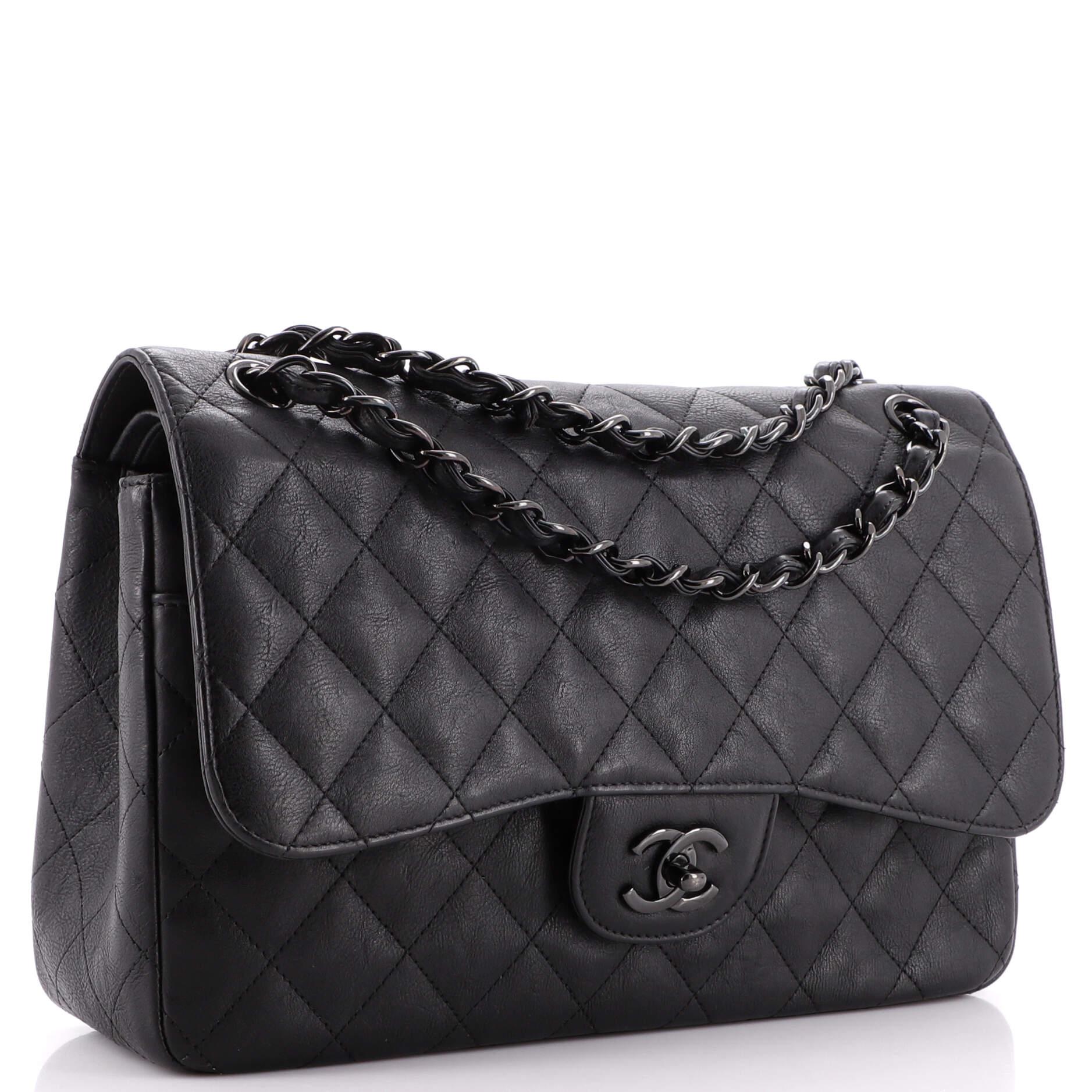 Chanel So Black Classic Double Flap Bag Quilted Crumpled Calfskin Jumbo In Good Condition In NY, NY