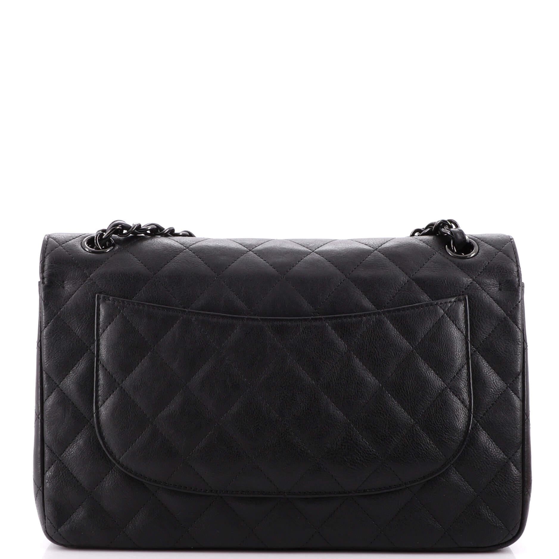 Women's Chanel So Black Classic Double Flap Bag Quilted Crumpled Calfskin Jumbo