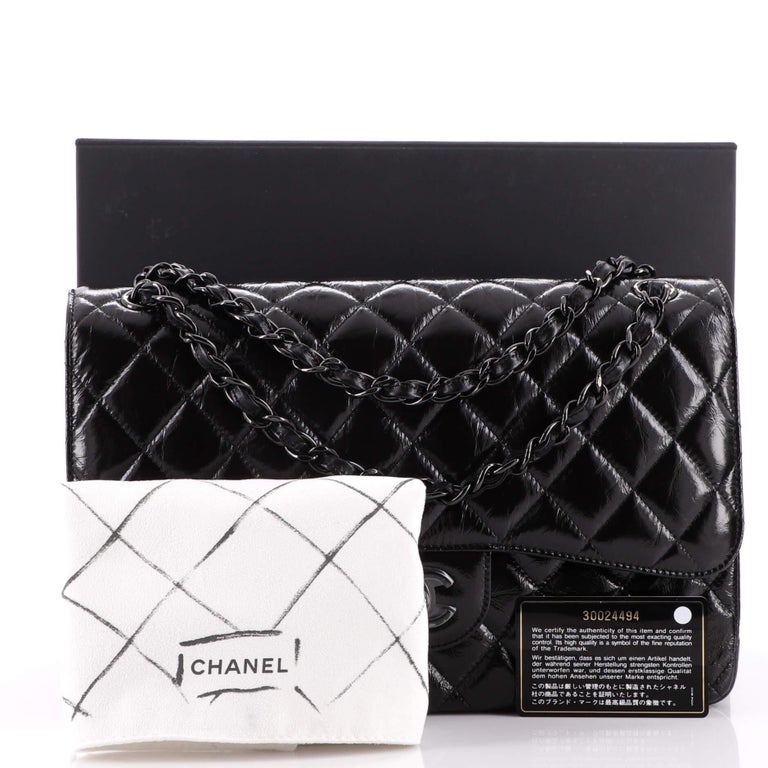Chanel So Black Classic Double Flap Bag Quilted Shiny Crumpled Calfskin J