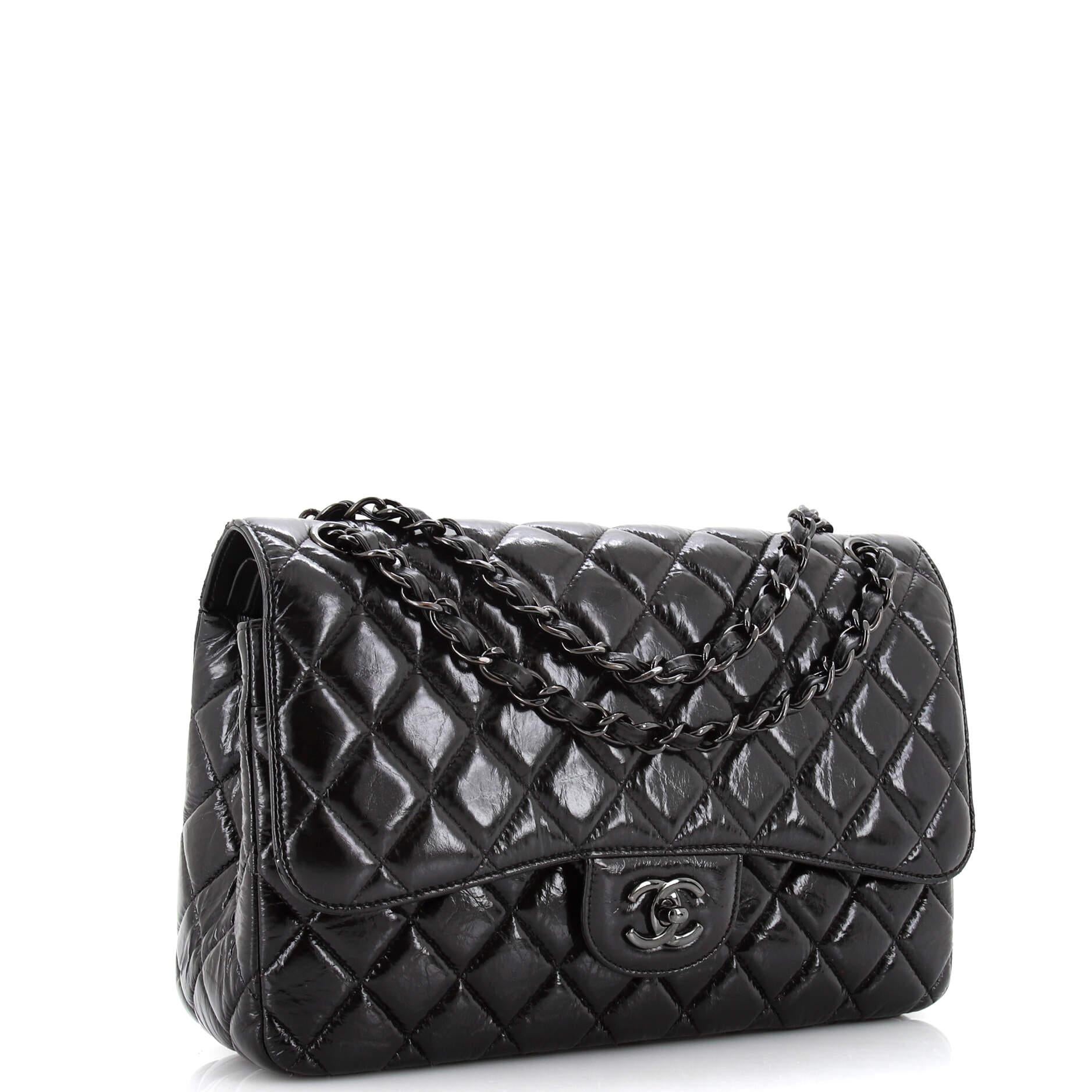 Chanel So Black Classic Double Flap Bag Quilted Shiny Crumpled Calfskin Jumbo In Good Condition In NY, NY