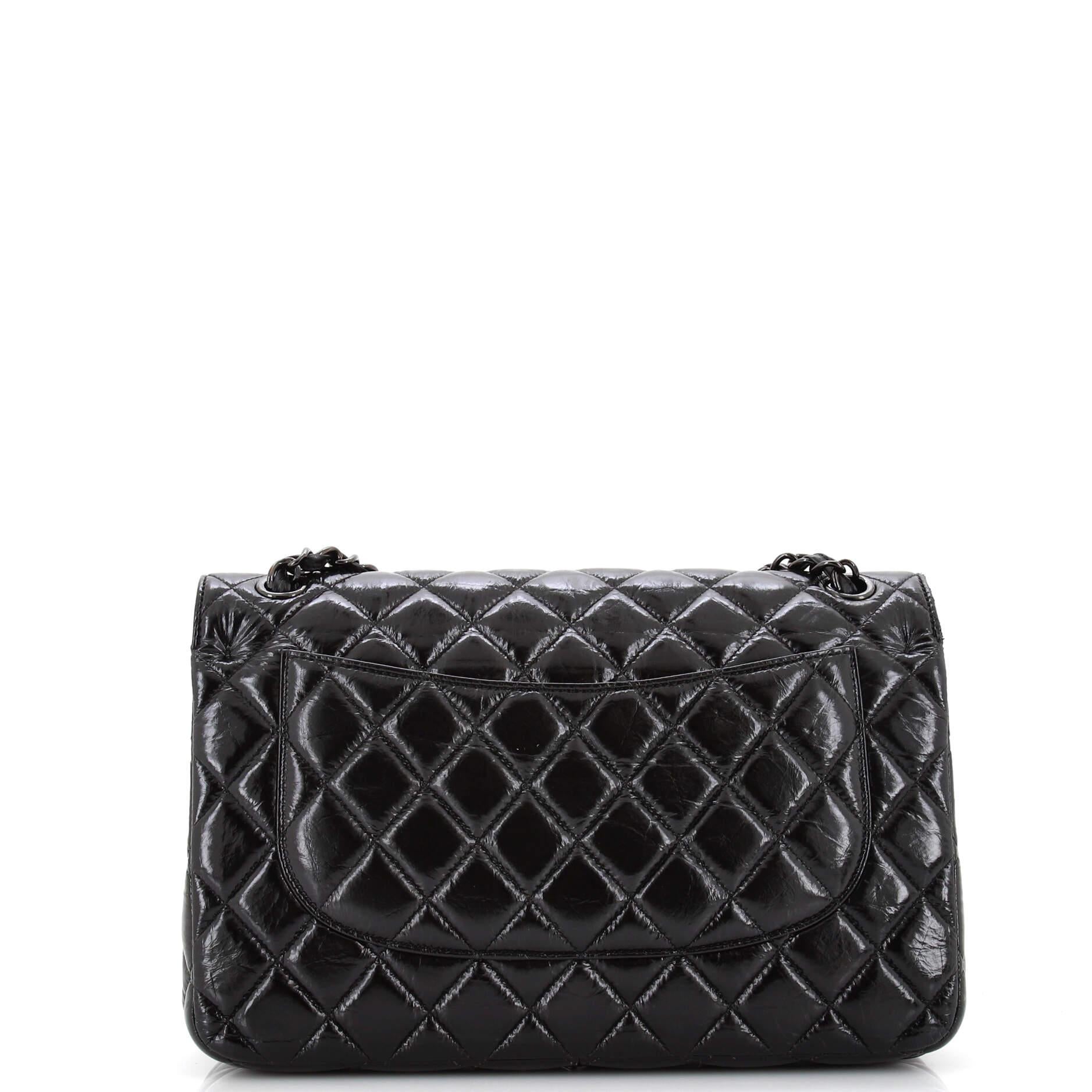 Women's Chanel So Black Classic Double Flap Bag Quilted Shiny Crumpled Calfskin Jumbo