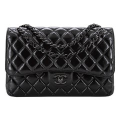 Chanel So Black Classic Double Flap Bag Quilted Shiny Crumpled Calfskin Jumbo