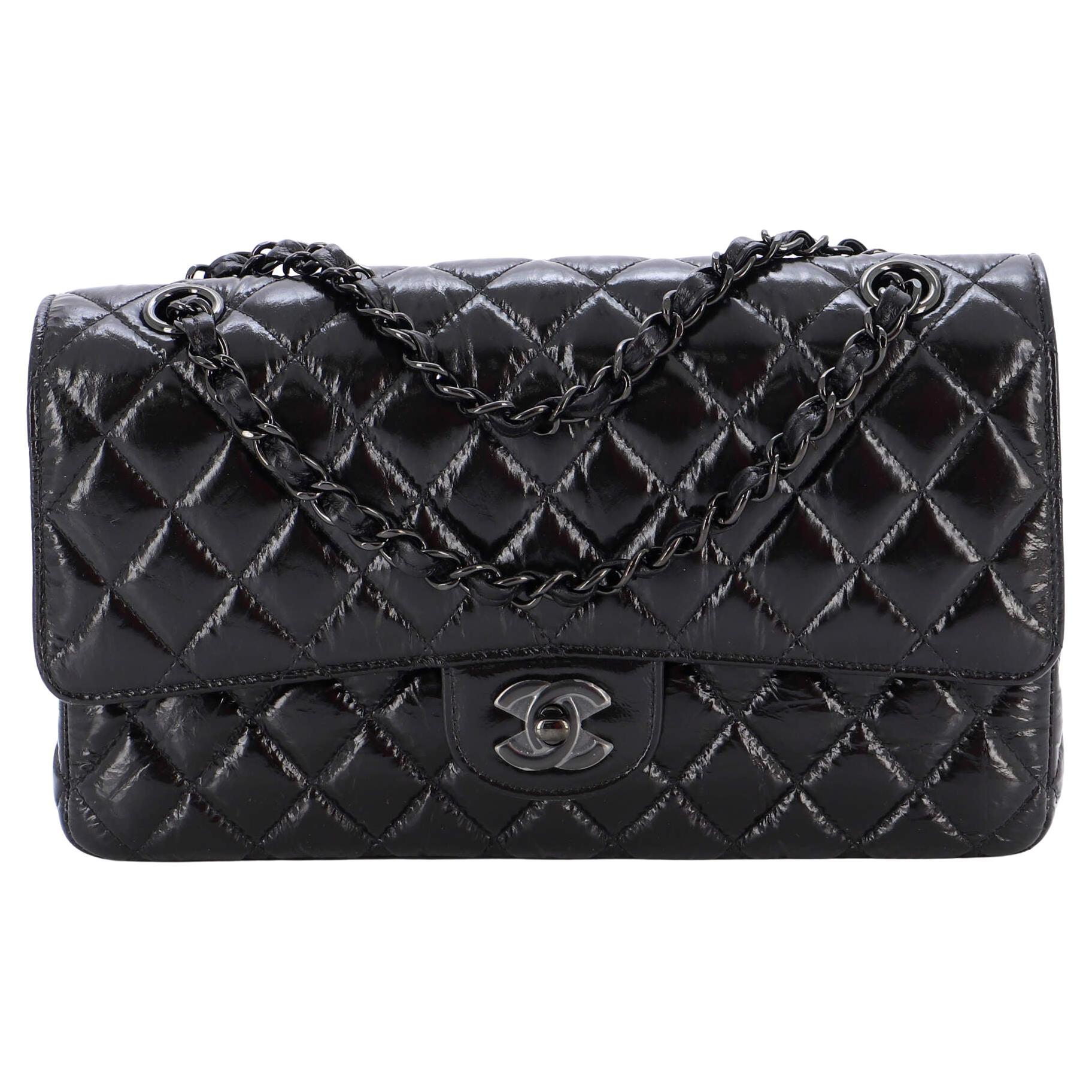 Chanel So Black Classic Double Flap Bag Quilted Shiny Crumpled Calfskin  Medium