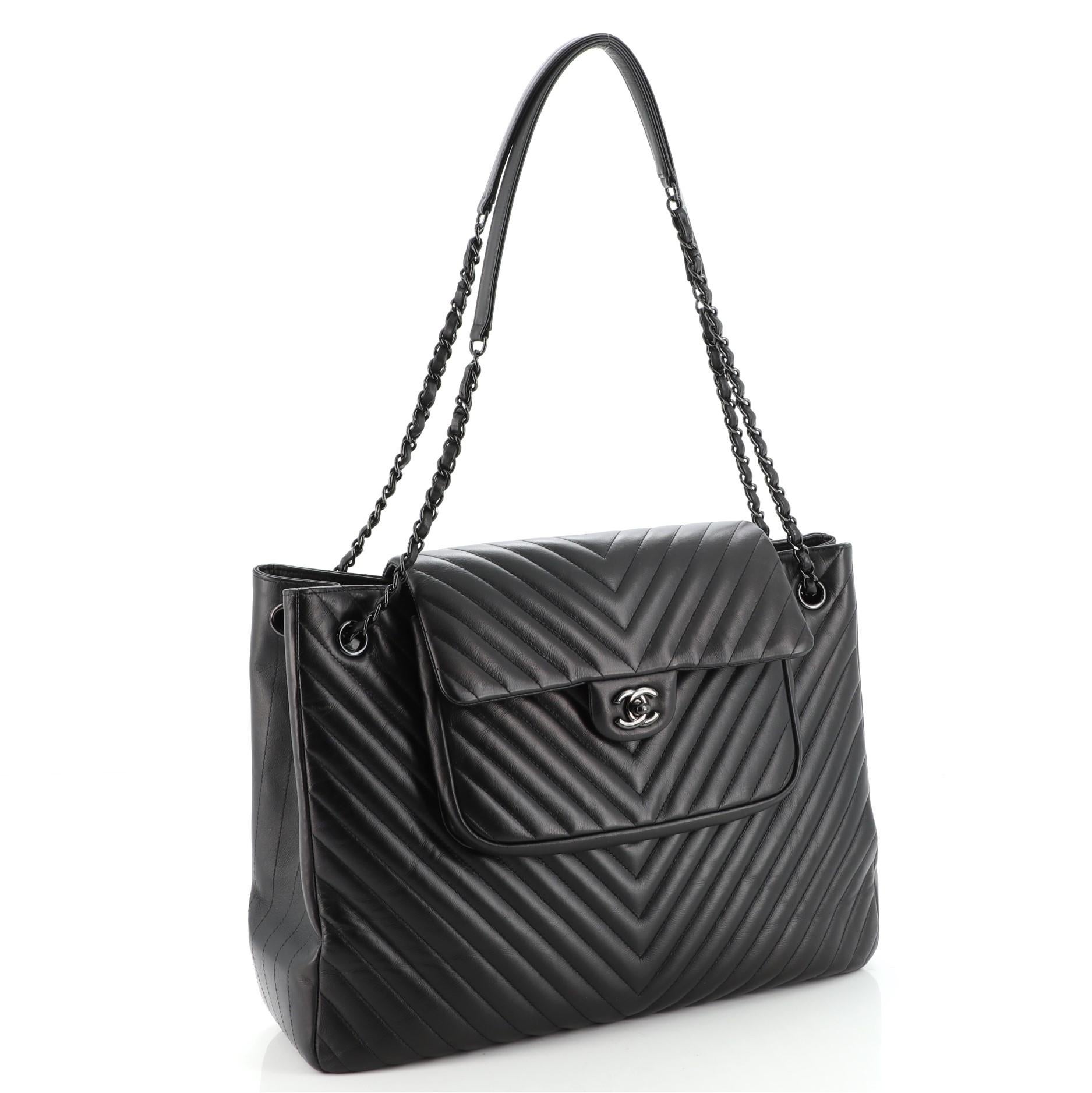 Chanel So Black Classic Flap Shopping Tote Chevron Lambskin Large In Good Condition In NY, NY