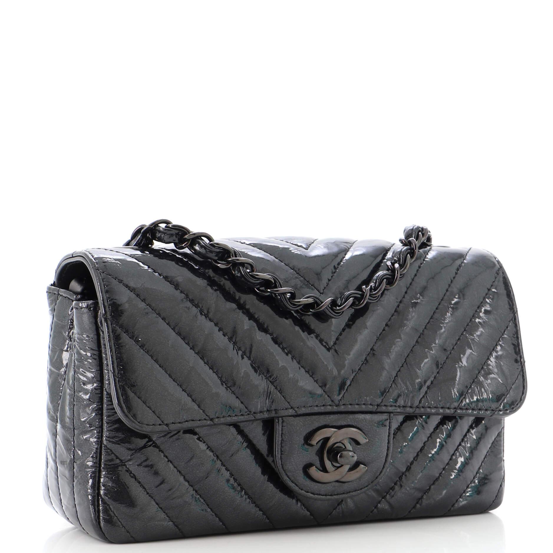 Chanel So Black Classic Single Flap Bag Chevron Crumpled Patent Mini In Good Condition In NY, NY