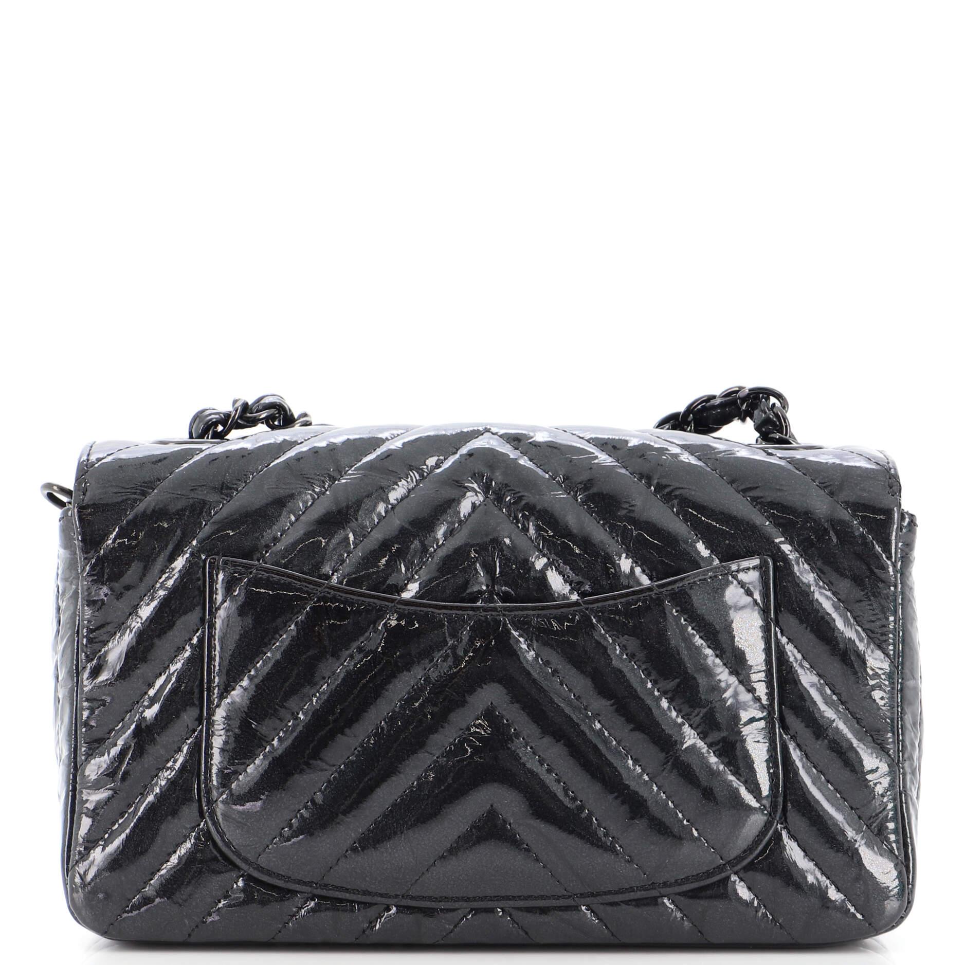 Women's or Men's Chanel So Black Classic Single Flap Bag Chevron Crumpled Patent Mini