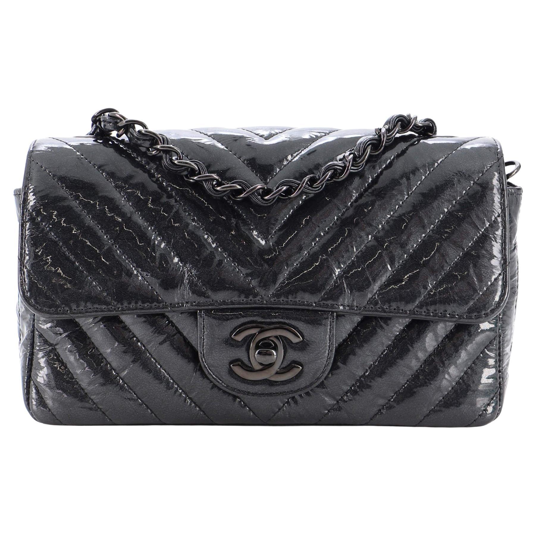 Chanel So Black Classic Single Flap Bag Chevron Crumpled Patent Mini