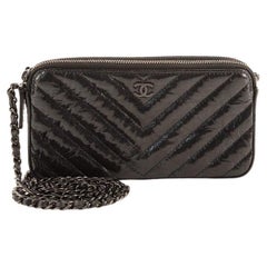 Chanel So Black Double Zip Clutch with Chain Chevron Crumpled Metallic Patent