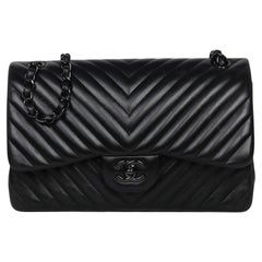 Chanel SO Black Lambskin Chevron Quilted Double Flap Jumbo Flap
