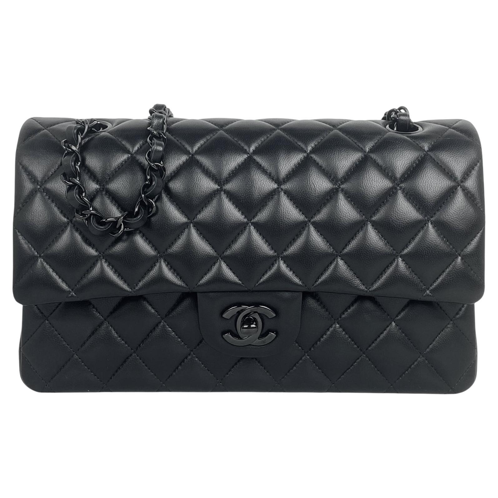 Chanel So Black Lambskin Leather 10" Medium Double Flap Classic Bag For Sale