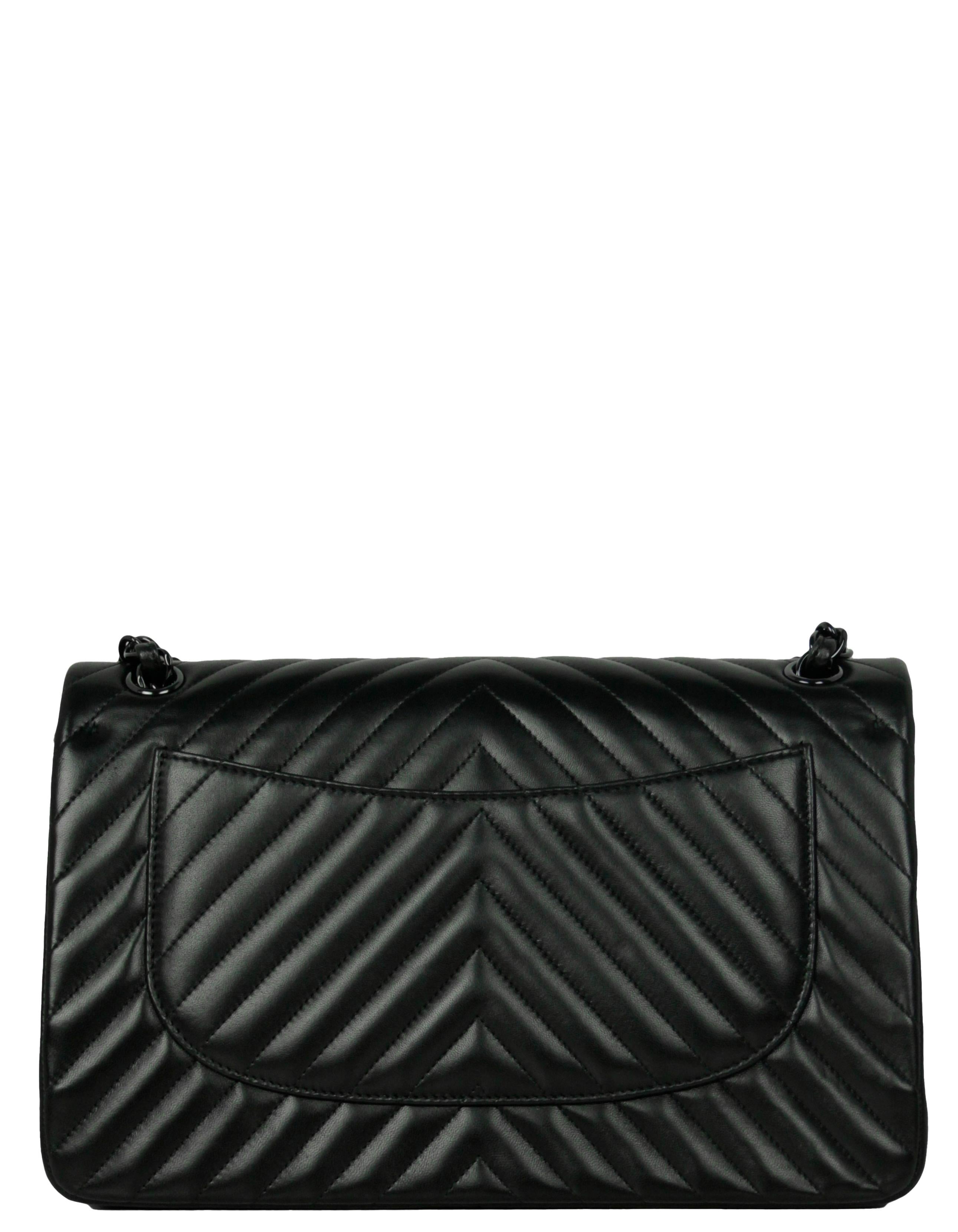 Women's Chanel SO Black Lambskin Leather Chevron Quilted Double Flap Jumbo Flap Bag