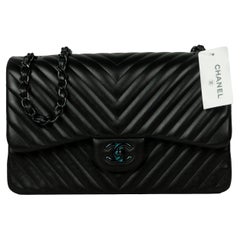 Chanel SO Black Lambskin Leather Chevron Quilted Double Flap Jumbo Flap Bag