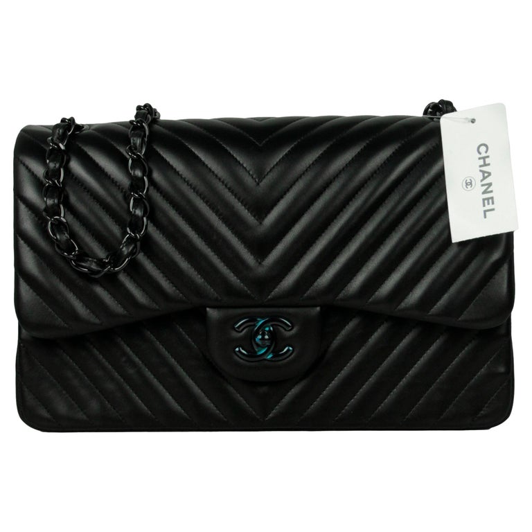 Chanel SO Black Lambskin Leather Chevron Quilted Double Flap Jumbo Flap Bag