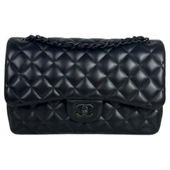 Chanel SO Black Lambskin Leather Quilted Classic Double Flap Jumbo Bag