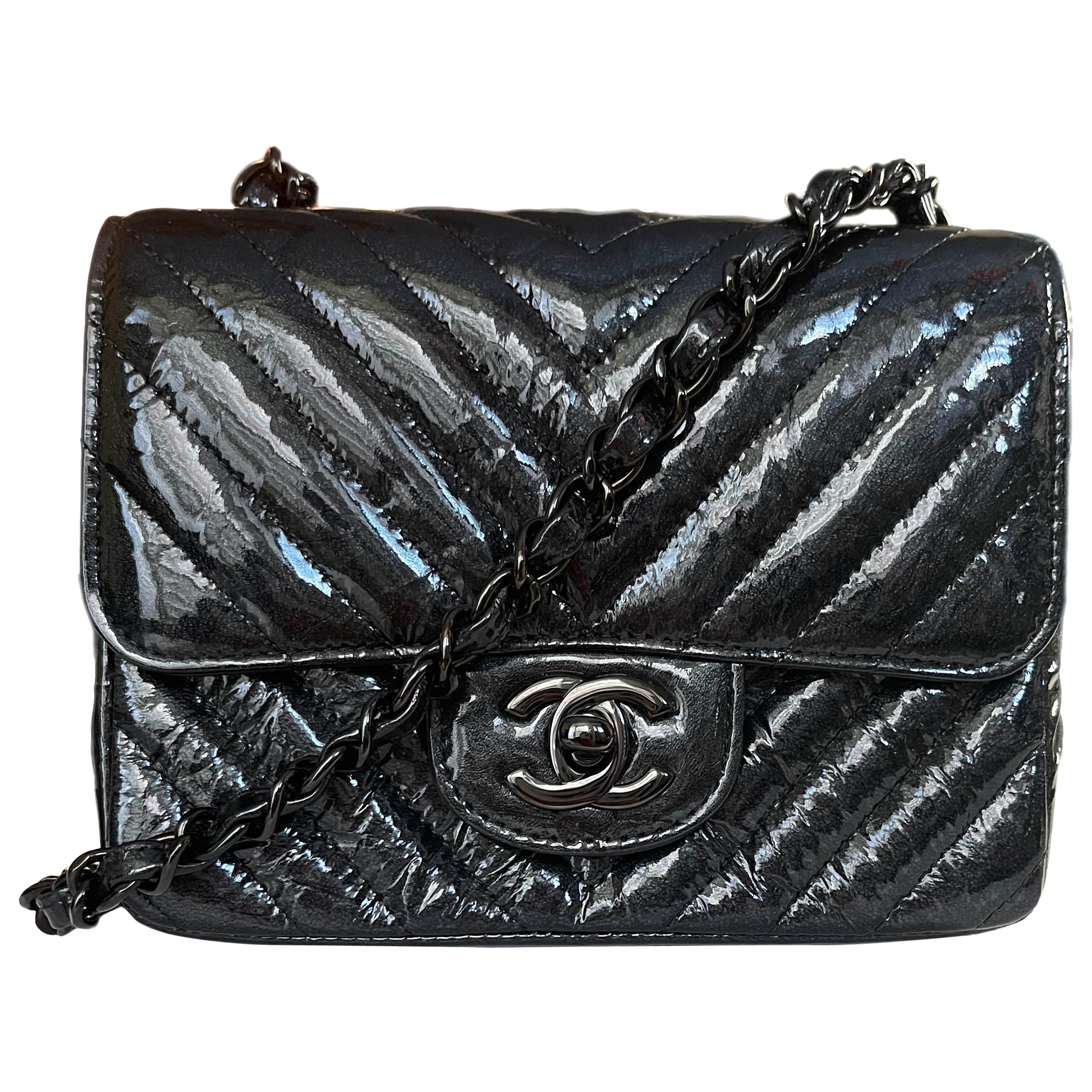 Chanel SO Black Metallic Patent Leather Chevron Quilted Mini Square Classic  Flap For Sale at 1stDibs