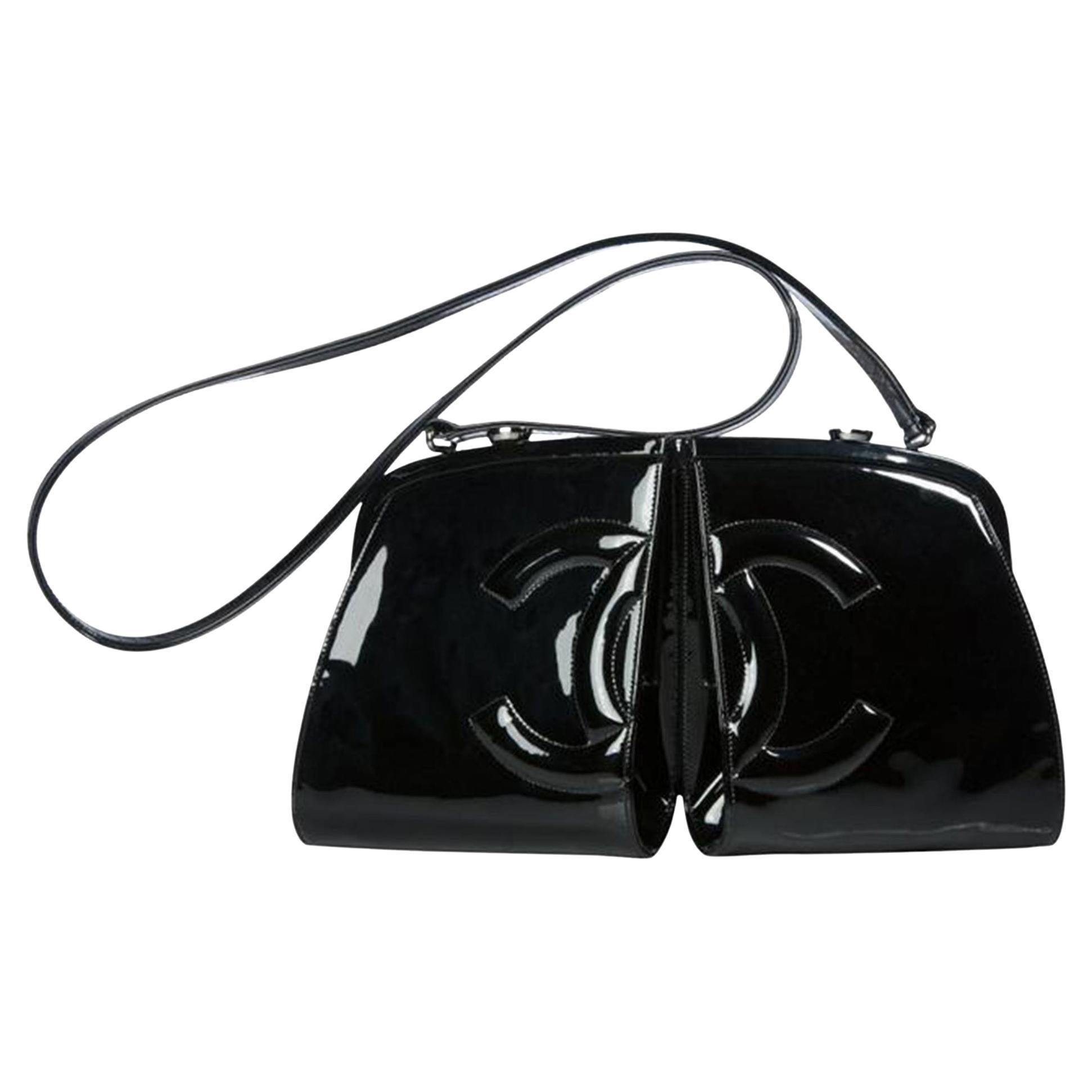 Chanel So Schwarze Lackleder Double Twin Split Frame Cross Body Bag
