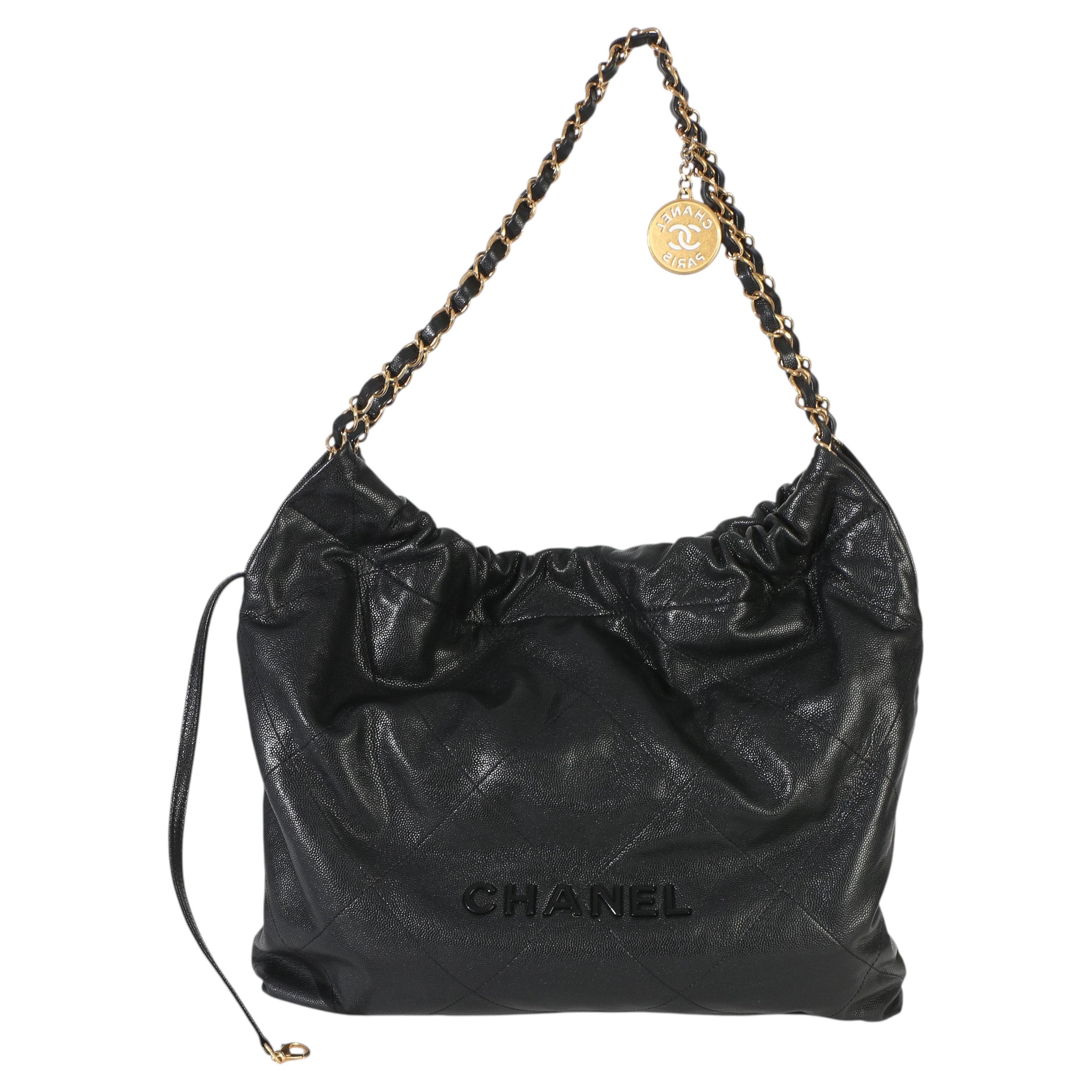 Chanel So Black Quilted Caviar Chanel 22 Hobo Handbag For Sale