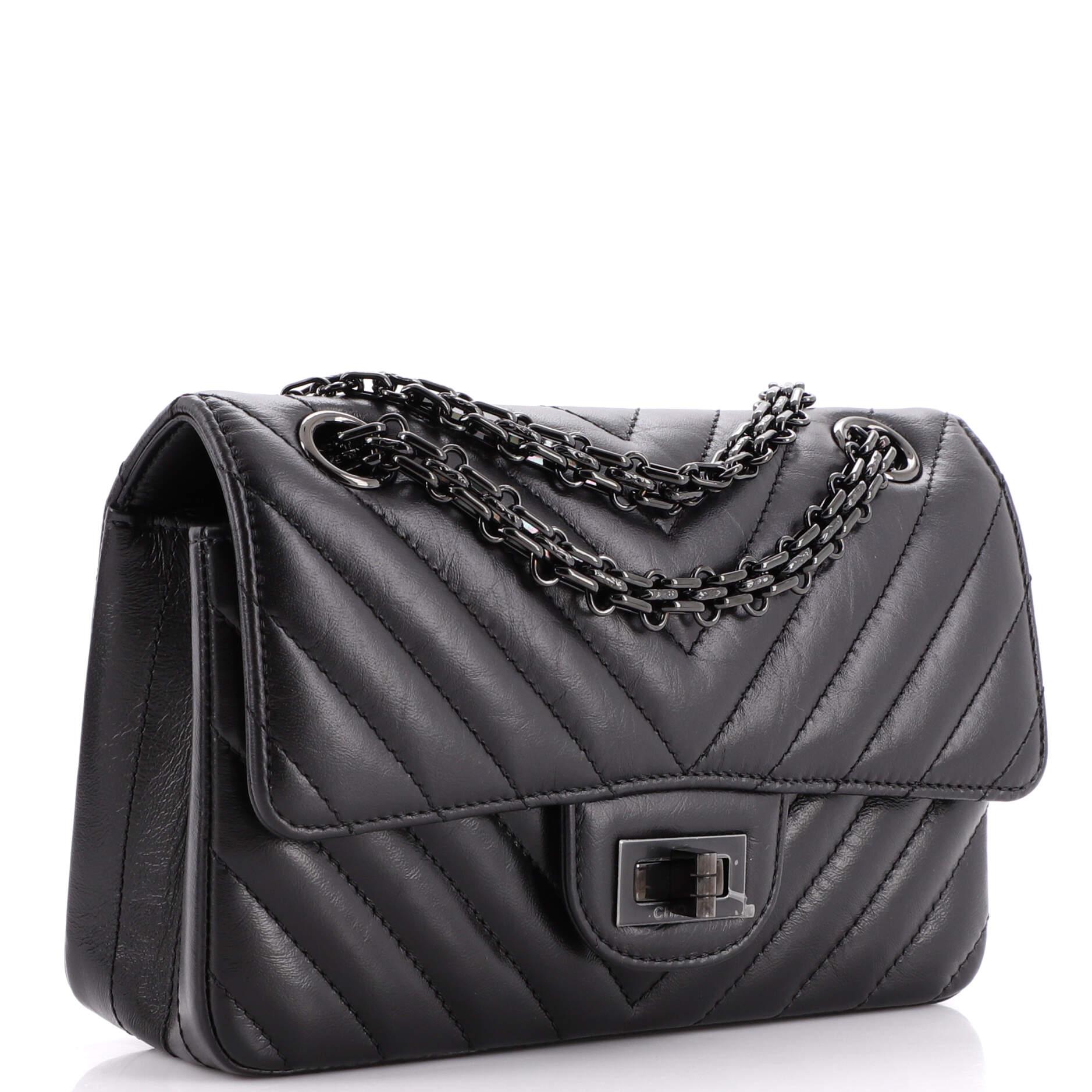 Chanel So Black Reissue 2.55 Flap Bag Chevron Aged Calfskin Mini In Good Condition In NY, NY