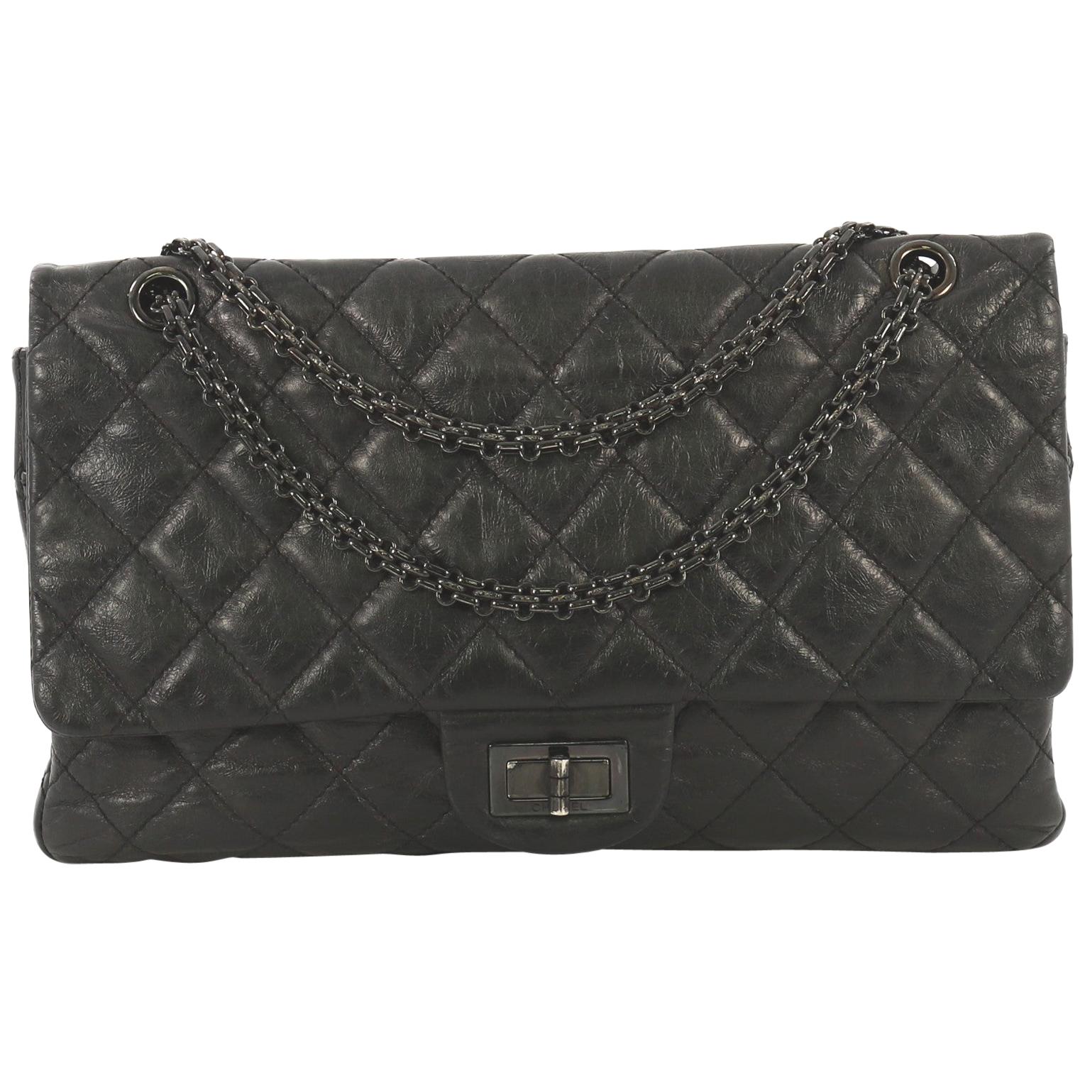 Chanel So Black Reissue 2.55 Flap Bag Quilted Glazed Aged Calfskin 227