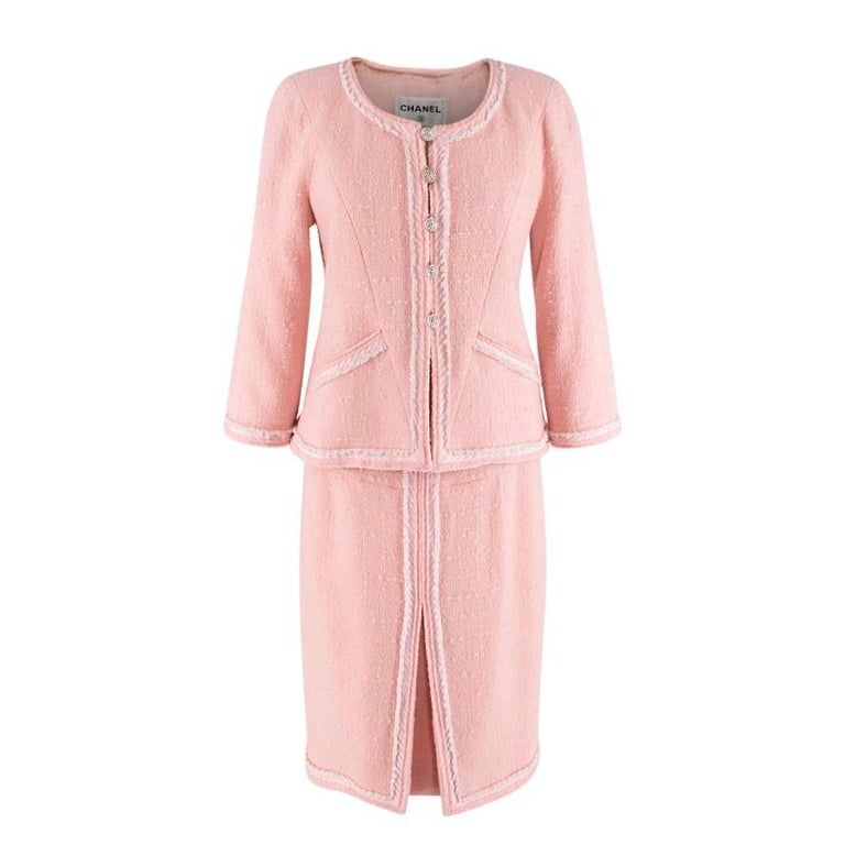 Chanel Soft Pink Boucle Collarless Jacket and Pencil Skirt Suit Set For ...