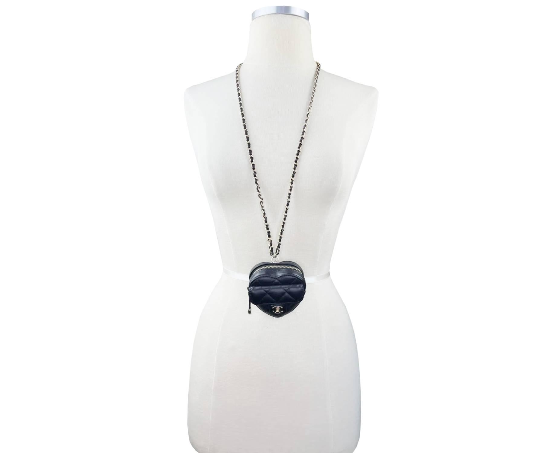 Women's Chanel Sold Out Black Heart Pouch Necklace Wristlet Bag