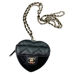 Chanel Sold Out Black Heart Pouch Necklace Wristlet Bag  