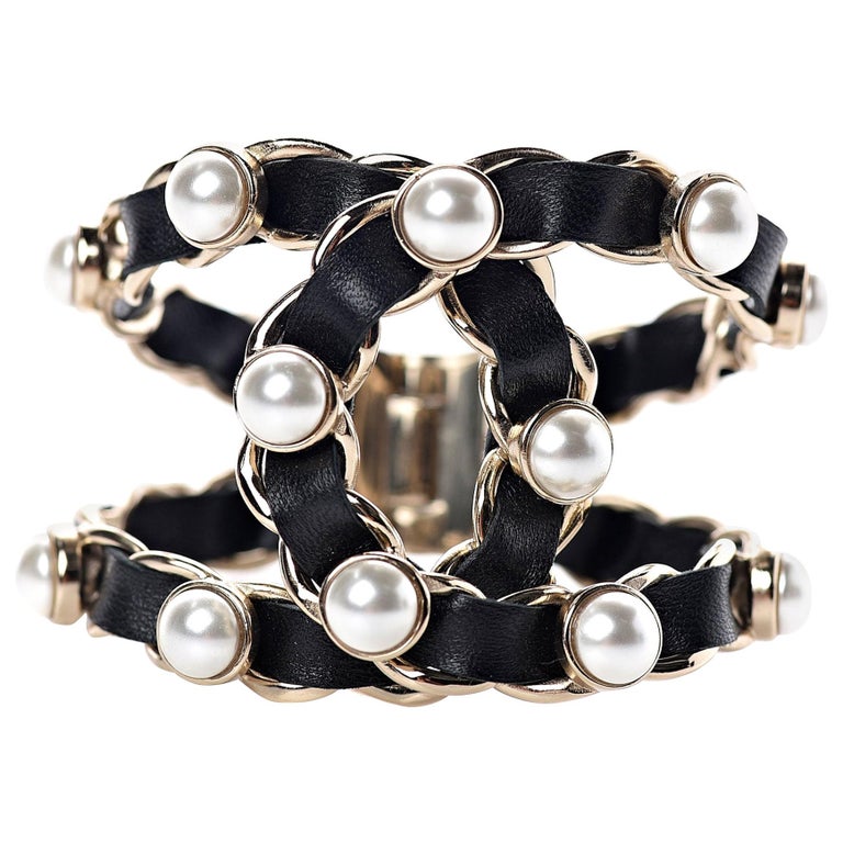 Chanel Gold Metal Micro Pearl Bag Cuff Bracelet