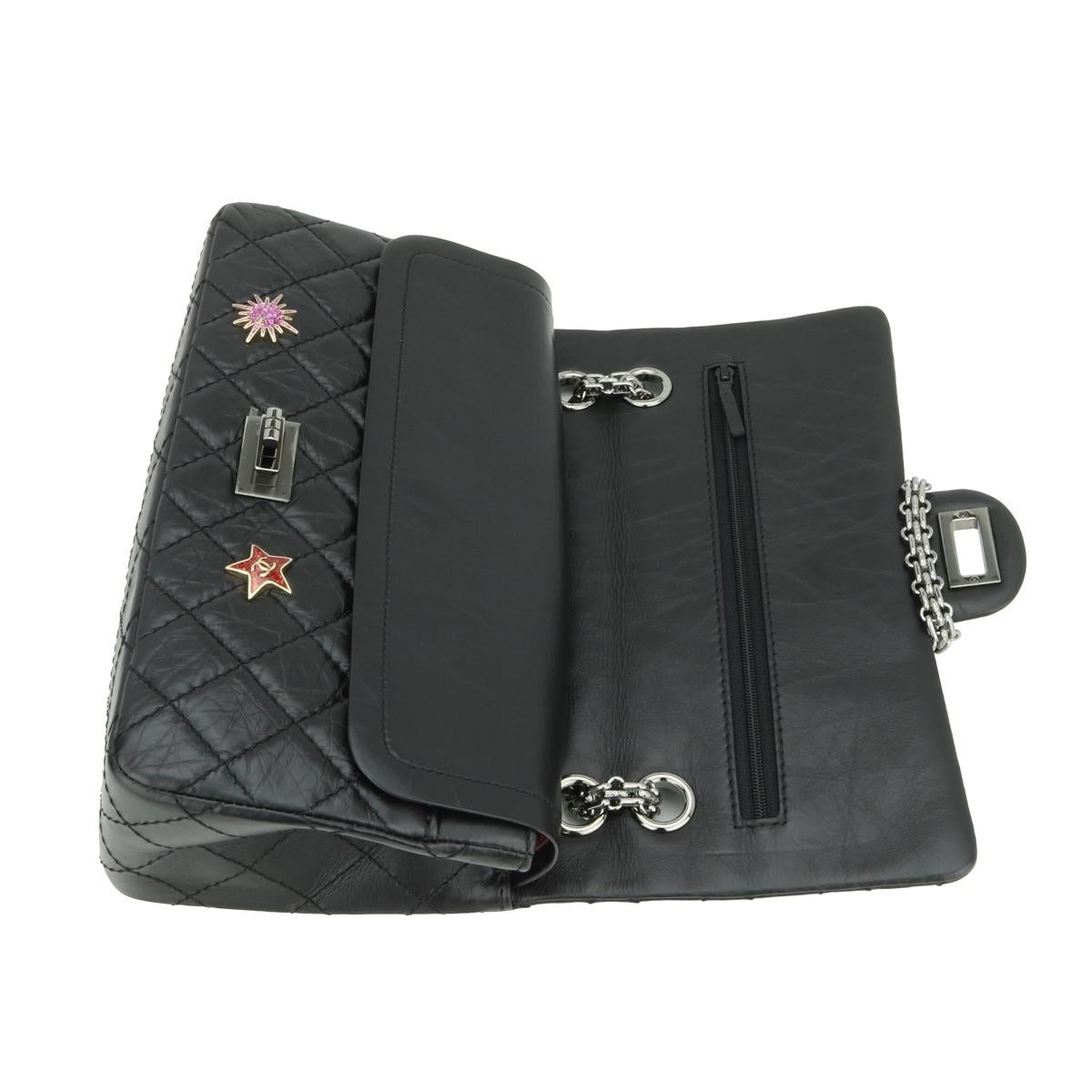 CHANEL Space Charms 2.55 Reissue 225 Flap Bag Black Aged Calfskin 2017 For Sale 8
