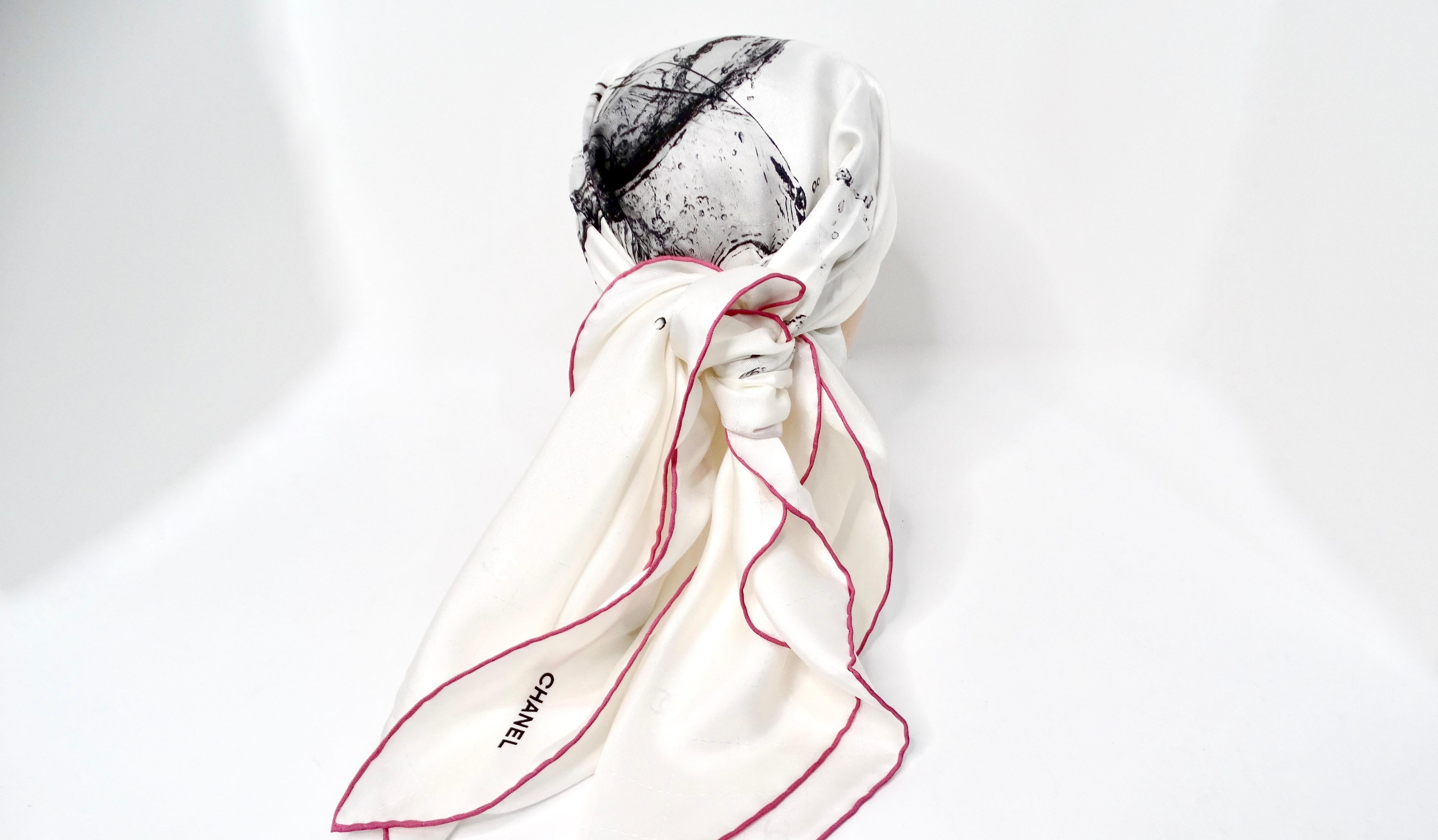 Chanel Splash Interlocking CC Printed Ivory Silk Scarf For Sale 2