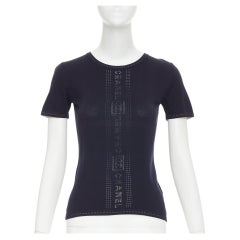 CHANEL SPORT 07C Vintage vertical logo intarsia knit short sleeve top FR34 XXS