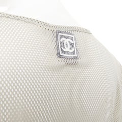 CHANEL SPORTS 03P Vintage grey sheer mesh silver CC logo split neck top FR40 L