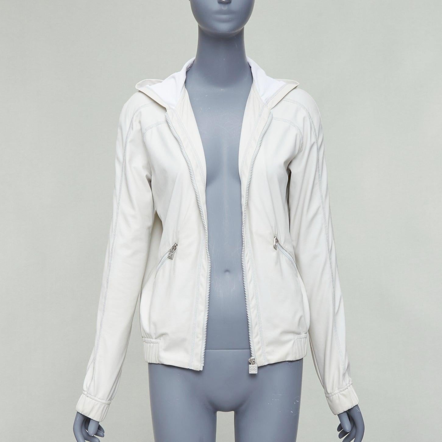 Gray CHANEL Sports 05P light grey CC zip sporty hooded windbreaker jacket FR38 M