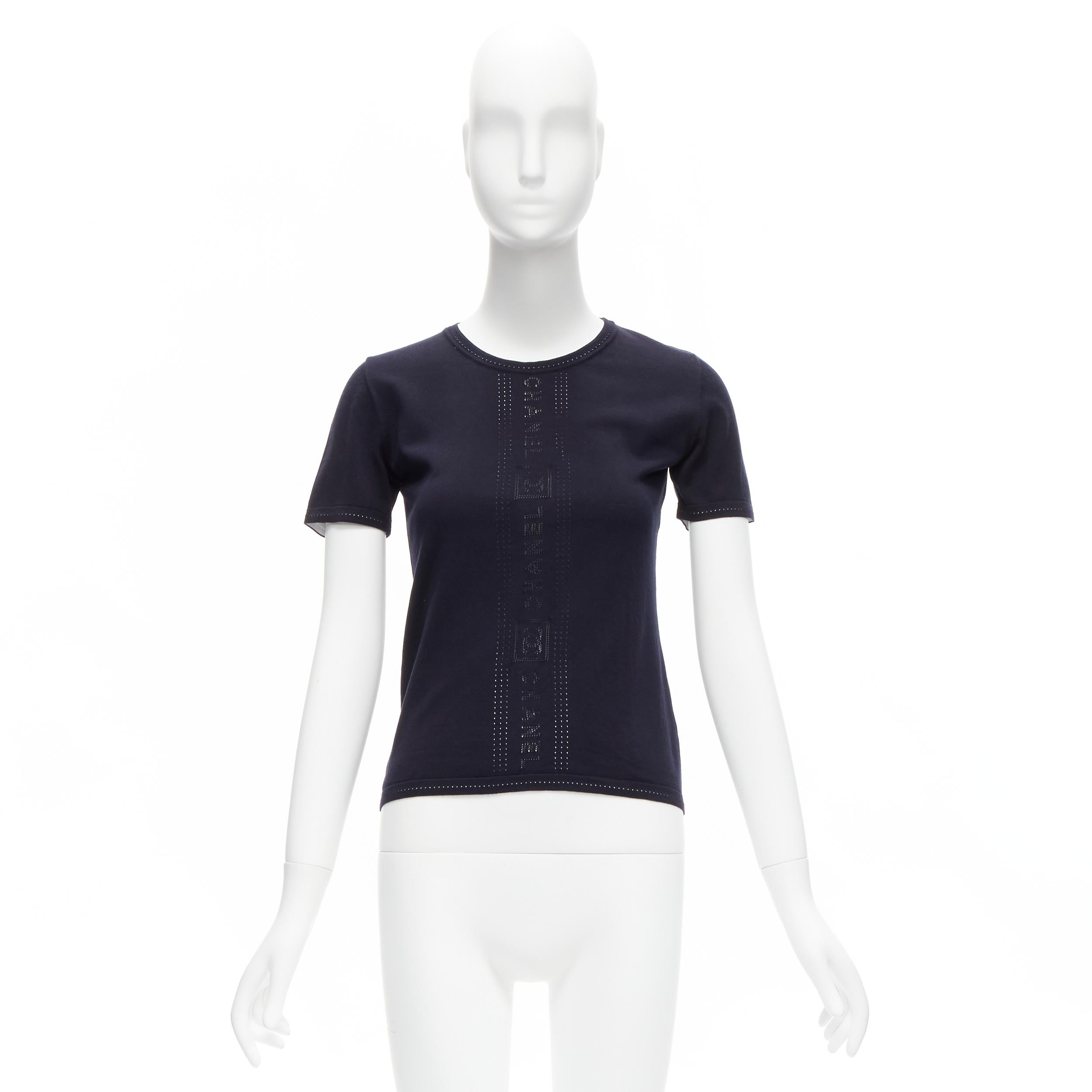 CHANEL SPORTS 07C Vintage navy CC logo perforated short sleeve top FR36 S For Sale 5