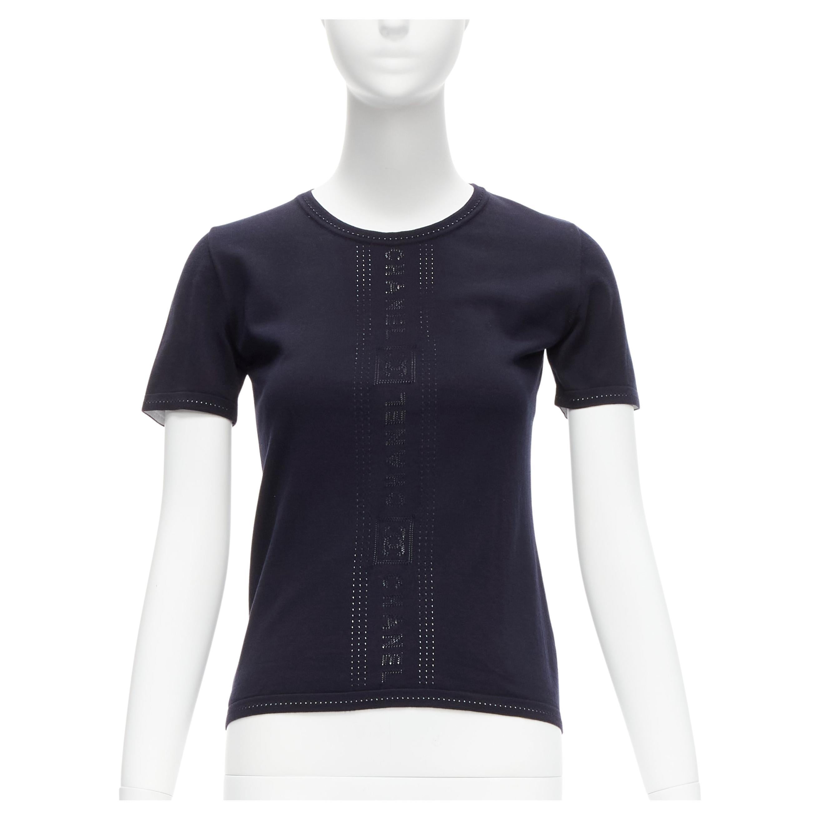 CHANEL SPORTS 07C Vintage navy CC logo perforated short sleeve top FR36 S For Sale