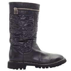 CHANEL Sports black diamond quilted nylon CC zip detail round toe calf boot EU36