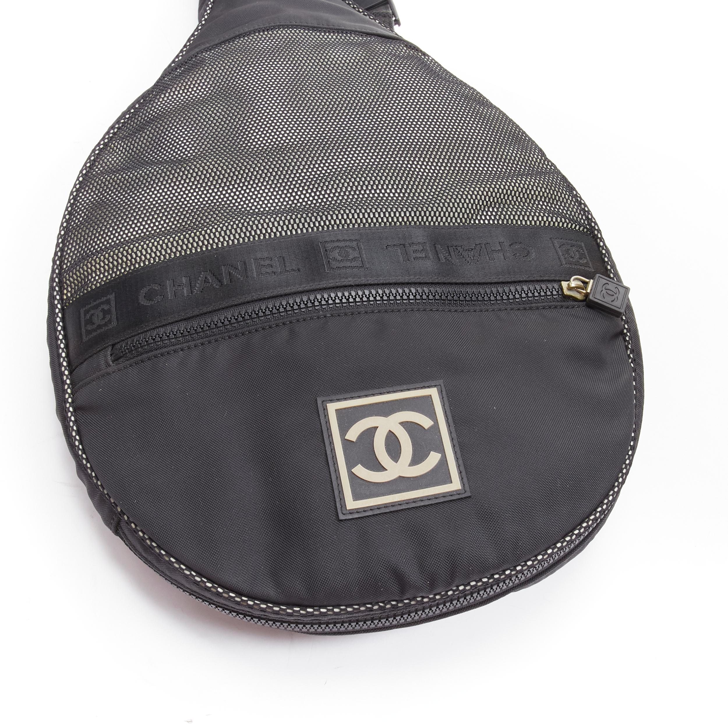 CHANEL SPORTS CC logo black nylon mesh tennis racket cover crossbody bag 3