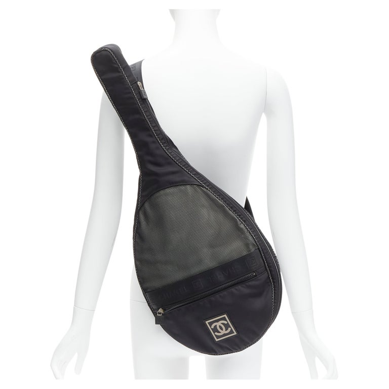 CHANEL SPORTS CC logo black nylon mesh tennis racket cover crossbody bag
